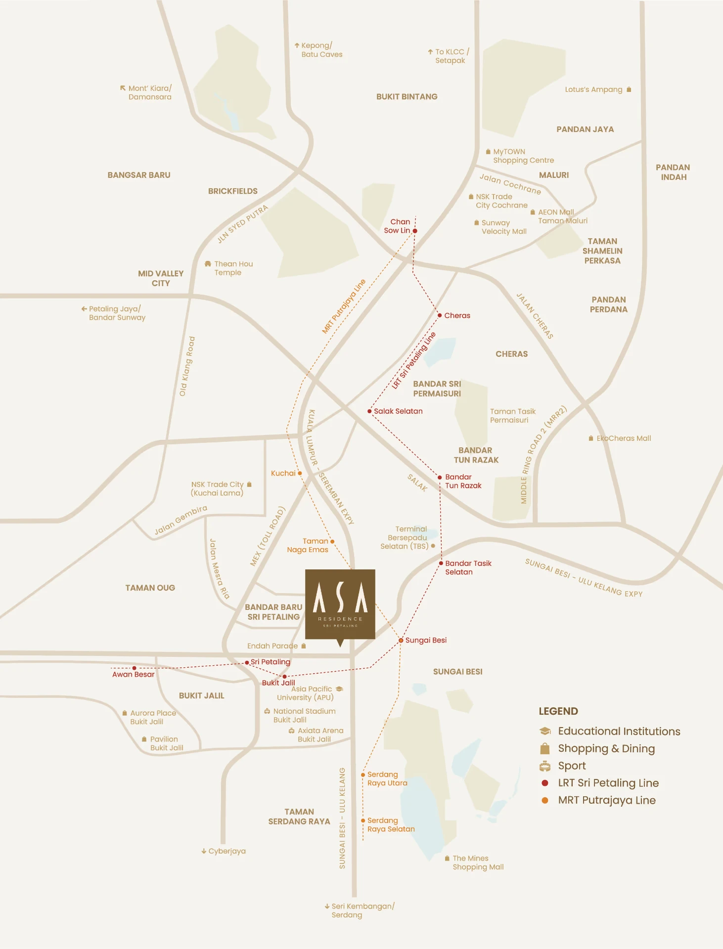 ASA Residence location map showing nearby rail lines, roads, education, shopping and sports destinations
